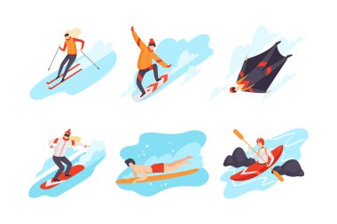 İnsanlar ekstrem sporlar yapıyor. Sörf, hava dalışı, kayak, kano, snowboard düz vektör çizimi beyaza izole edilmiş.