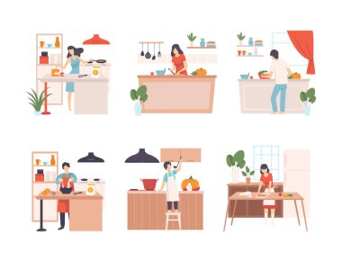 Mutfakta yemek yapan bir grup insan. Erkekler ve kadınlar evde lezzetli sağlıklı yemekler pişiriyorlar. Beyaz karikatür vektör çizimleri izole edilmiş.