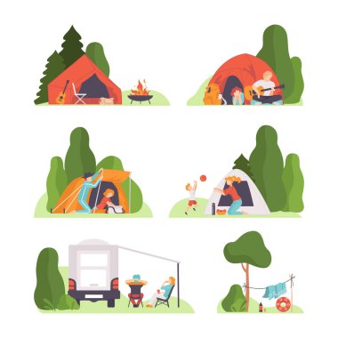 Turistler tatilde. Yaz tatillerinde doğada kamp yapan insanlar beyazlara izole edilmiş düz vektör çizimleri yapıyorlar.