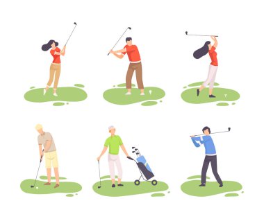 Golf oynayan bir grup insan. Erkek ve bayan golfçüler golf sahasında topa vuruyor. Açık hava sporları veya boş zaman aktivitesi beyazı izole edilmiş düz vektör çizimi