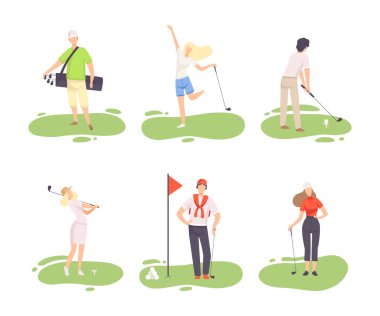 Golf oynayan bir grup insan. Erkek ve bayan golfçüler rotalarında oynuyorlar. Açık hava sporları veya boş zaman aktivitesi beyazı izole edilmiş düz vektör çizimi