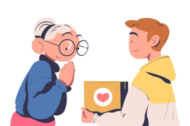 Genç Adam Yaşlı Kadın Vektör İllüzyonuna İnsani Yardım ile Karton Kutu Veriyor. Mutlu Erkek Paylaşım İyiliği Bağışta Bulunuldu