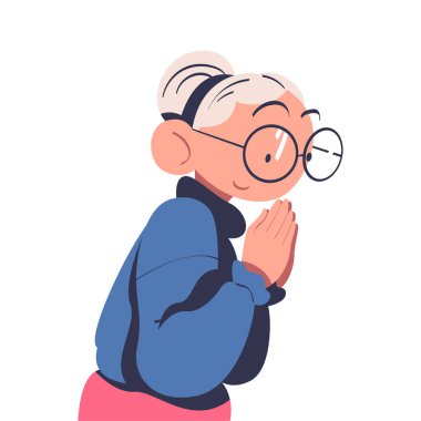 Gri Saçlı ve Gözlüklü Mutlu Gülümseyen Yaşlı Kadın. Emekliye ayrılmış Kadın Karakteri