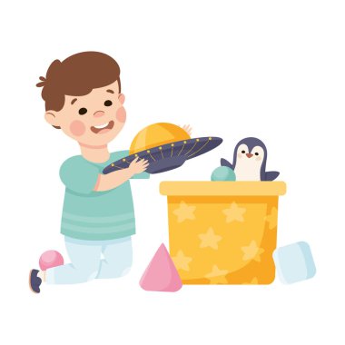 Happy Boy Sitting Near Box Playing Toys in His Playroom Having Fun Vector Illustration. Cute Little Kid Enjoying Recreation Activity clipart