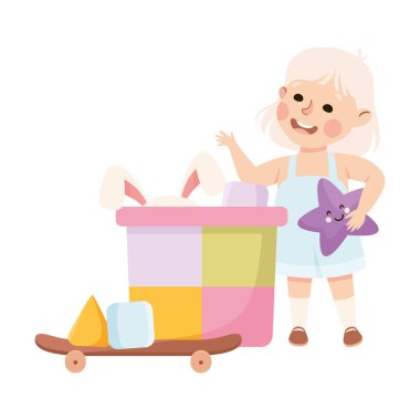 Oyun odasında oyuncaklarla dolu bir kutunun yanında oyun oynayan ve eğlenen vektör illüstrasyonu yapan mutlu kız. Şirin Küçük Çocuk Eğleniyor Eğlence Etkinliği