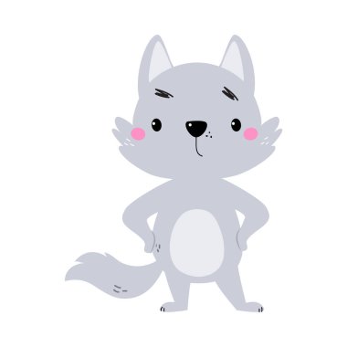 Cute Little Wolf Cub with Grey Coat Standing Vector Illustration. Funny Forest Small Animal clipart