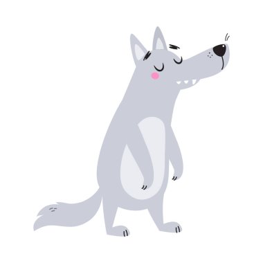 Sivri Ağızlı Gri Kurt Karakteri Üzgün Yüz Vektör İllüzyonu ile Yürüyor. Komik Orman Hayvanı