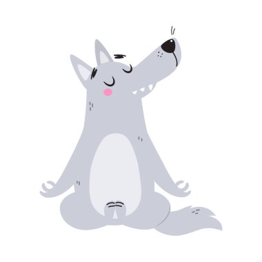 Yoga Pozu ve Meditasyon Vektörü İllüzyonu 'nda oturan sivri ağızlı Gri Kurt Karakteri. Komik Orman Hayvanı