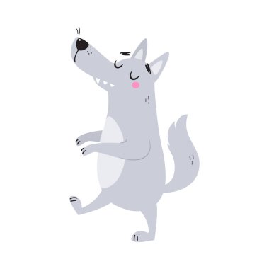 Sivri uçlu Namlulu Yürüyen Vektör Resimli Gri Kurt Karakteri. Komik Orman Hayvanı