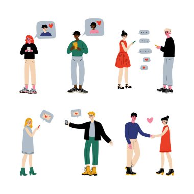 Erkekler ve kadınlar internet üzerinden akıllı telefonlarıyla sohbet ediyorlar. İnsanlar birbirlerine mesaj yolluyor. Sosyal medya ağı, çevrimiçi iletişim karikatürü vektör illüstrasyonu beyaza izole edildi