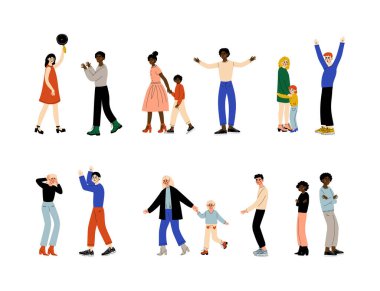 Tartışma seti. Birbirlerine bağıran çiftler beyaz karikatür vektör illüstrasyonunda izole edilmiş.