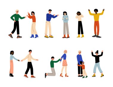 Tartışma seti. Birbirlerine bağırıp çağıran çiftler. Şiddet, ilişki sorunları, boşanma çizgi filmi vektör çizimleri beyaza izole edilmiş