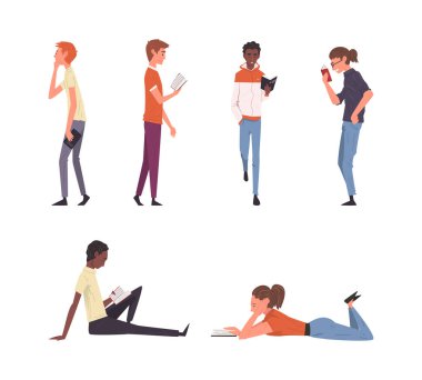 Bir grup edebiyat hayranı kitap okuyor. Erkekler ve kızlar okunuyor, öğrenciler çizgi film vektör illüstrasyonunu incelemeye hazırlanıyor. Beyazda izole edilmiş.