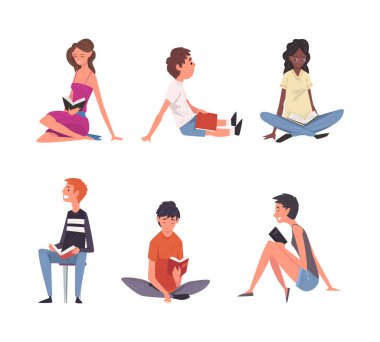 Bir grup edebiyat hayranı kitap okuyor. Genç erkek, kadın ve çocuk çizgi film çizimleri beyaza izole edilmiş.