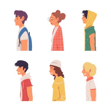 Modern günlük kıyafet giymiş farklı insanların yan görüntüsü beyaz üzerine izole edilmiş çizgi film vektör çizimi