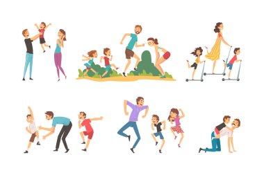 Aile eğlence aktiviteleri ayarlandı. Mutlu ebeveynler ve çocuklar beyazlar üzerinde izole edilmiş doğa çizgi film çizimi üzerinde eğleniyor ve birlikte oynuyorlar.