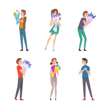 Çiçek demetleriyle mutlu insanlar. Çiçek veren ve alan erkek ve kadınlar beyaz üzerinde izole edilmiş vektör çizimi