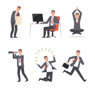 Ticari faaliyetlere katılan bir grup işadamı. İşe koşan, başarıyı kutlayan, meditasyon yapan, beyaz üzerinde izole edilmiş, dürbünlü çizgi film vektör çizimlerine bakan adam.