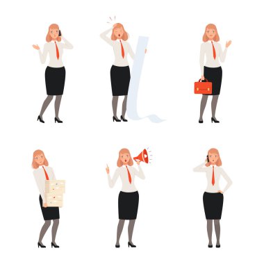 Bir grup iş kadını iş etkinliklerine katılıyor. Ofis çalışanı hoparlöre bağırıyor, telefonla konuşuyor, beyaz üzerine izole edilmiş ağır miktarda karikatür çizimi taşıyor.