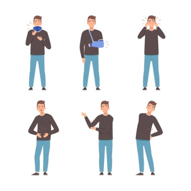 Hastalık ya da sakatlık yüzünden vücudunda ağrı hisseden bir adam. Boyunda, kulaklarında, dirseğinde, karnında, baş ağrısında, sırt ağrısında, karikatür vektör illüstrasyonunda acı çeken adam beyazda izole edilmiş.