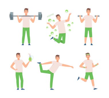 Sağlıklı bir yaşam tarzı. Spor yapan, sağlıklı organik gıda yiyen, beyaz üzerinde izole edilmiş vektör çizimi yapan bir adam.