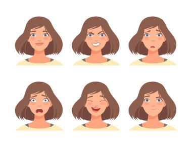 Genç ve güzel bir kadının yüz ifadeleri. Farklı duyguları olan kadın karakter, beyaz üzerinde izole edilmiş vektör çizimi.