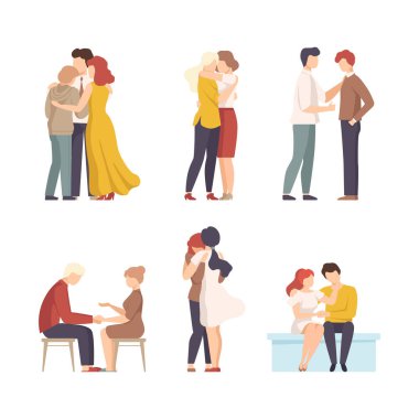 People comforting each other by hugging set. Friends or relatives caring about each other. Friendship, understanding, acceptance cartoon vector illustration isolated on white clipart