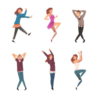 Bir grup korkmuş insan. Stresli duygusal erkek ve kadın çizgi film çizimleri beyaza izole edilmiş.