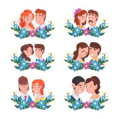 Çiçek çelengi içinde mutlu romantik gelin ve damat portreleri. Beyaz renkte izole edilmiş çizgi film çizimi.