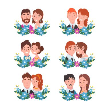 Çiçek çelengi içinde mutlu romantik gelin ve damat portreleri beyaz renkte izole edilmiş çizgi film vektör çizimi