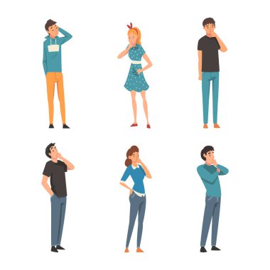 Bir grup düşünceli insan. Günlük giysiler içinde erkek, kadın ve çocuklar beyaz üzerinde izole edilmiş vektör çizimi sorunları düşünüyor veya çözüyorlar.