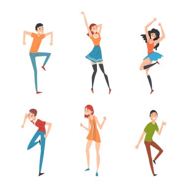 Bir grup mutlu insan müzik karikatürü vektör çizimi eşliğinde dans ediyor.