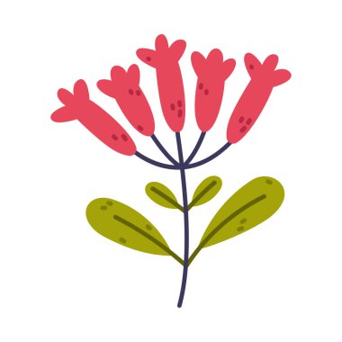 Kırmızı Çiçekli Dal Bud ve Yapraklar Şirin Yapraklar Vektör İllüzyonu. Botanik ve Çiçeksel Element