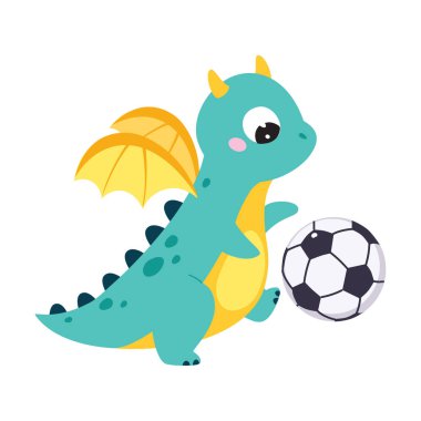 Kanatlı Şirin Turkuaz Küçük Ejder Futbol Vector Illustration oynuyor. Uçan Komik Bebek Fantastik Yaratık