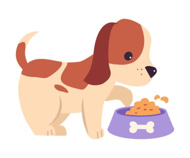 Besleme Kasesi Yeme Vektörü İllüstrasyonundaki Şirin Kahverengi Köpek Yavrusu. Komik Evcil Hayvan Yemekleri