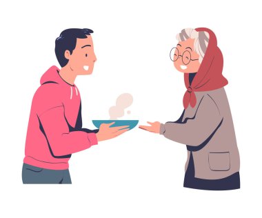 Erkek Gönüllü olarak Kıdemli Kadın Sıcak Çorba Vektörü İllüsü Yapıyor. Gönüllü Çalışan Genç Erkek Serbest Çalışmaya Yardım Ediyor