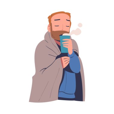 Zavallı Evsiz Adam Sıcak Buharlı Çay İçen Isıtıcı Vektör İllüstrasyonu. Genç Erkek İnsani Yardım ve Ücretsiz Yemek Sağlandı