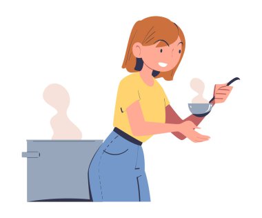 Gülümseyen Kadın Gönüllü Evsizlere Sıcak Yemek İllüsü Vermek. Gönüllü Çalışan Genç Kadın Özgürce Yardım Ediyor