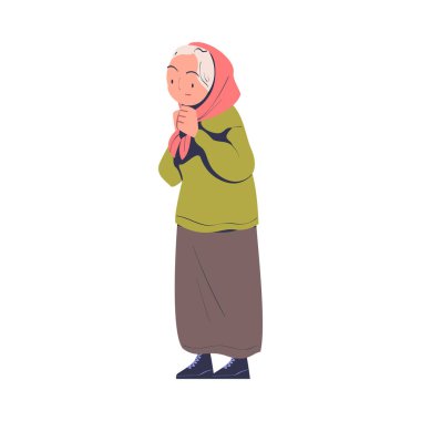 Poor Homeless Senior Woman Waiting in Queue for Free Food and Donation Vector Illustration. Aged Female Standing Need Humanitarian Help clipart