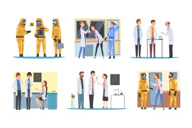 Biyoteknoloji laboratuarında araştırma yapan bilim adamları var. - Evet. Araştırma merkezinde deneysel ekipman karikatür vektör çizimleriyle çalışan bilim adamlarından oluşan bir ekip beyaz üzerine izole edilmiş.