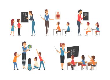 Matematik, coğrafya ve biyoloji derslerinde çocuklara öğretmenlik yapan kadın öğretmenler. Okul eğitimi konsepti çizgi film vektör çizimi beyaza izole edildi