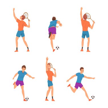 Profesyonel erkek sporcular futbol ve tenis oynuyor. Futbol ve tenis oyuncularının çizgi film vektör çizimleri beyaza izole edildi