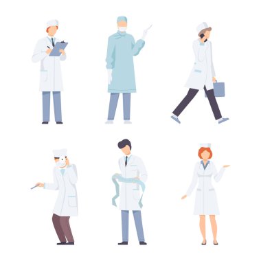 Hastanede çalışırken muayene ve tedavi prosedürleri uygulayan üniformalı bir grup profesyonel doktor beyazlar üzerinde izole edilmiş düz vektör çizimleri yapıyor.