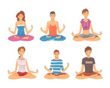 Nilüfer pozisyonunda meditasyon yapan rahat insanlar. Yoga yapan genç erkekler ve kadınlar. Meditasyon ve sağlıklı yaşam tarzı konsepti beyaz üzerine izole edilmiş vektör çizimi