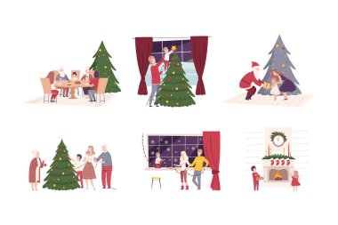 Mutlu aileler Noel ağacını süslüyor ve birlikte tatili kutluyorlar. Xmas ve yeni yıl kış tatilleri çizgi film vektör çizimleri beyaza izole edildi