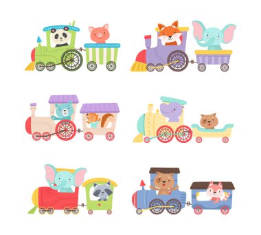 Tren setine binen sevimli hayvanlar. Küçük panda, domuz, tilki, fil, sincap, rakun, su aygırı, oyuncak lokomotif karikatür çizimi beyaz üzerine izole edilmiş.