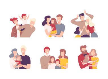 Mutlu aile portreleri. Ebeveynler ve çocuklar kucaklaşıp birlikte eğleniyorlar. Beyaz renkte izole edilmiş düz vektör çizimi.