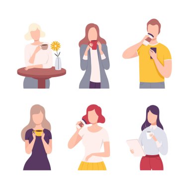 Kahve ve çay içen bir grup erkek ve kadın karakter beyazı üzerinde izole edilmiş düz vektör çizimi.