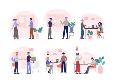 Ofis personeli. Çalışanlar iletişim kuruyor ve ofiste. İş yerindeki meslektaşlar arasındaki konuşma beyazı izole edilmiş düz vektör illüstrasyonu