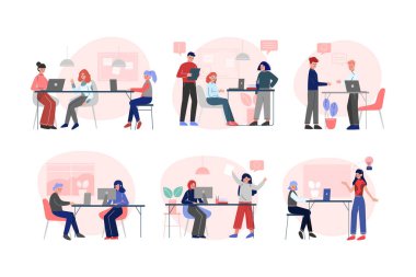 Ofis personeli. Çalışanlar masalarında oturup iletişim kuruyor ve beyin fırtınası yapıyorlar. İş yerindeki meslektaşlar arasındaki konuşma beyazı izole edilmiş düz vektör illüstrasyonu